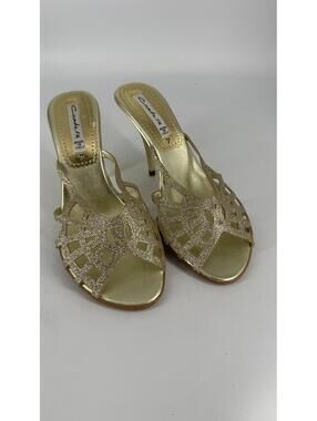 Contessa Gold Glitter Open Toe High Heel Sandals Made In Italy Size 7 New